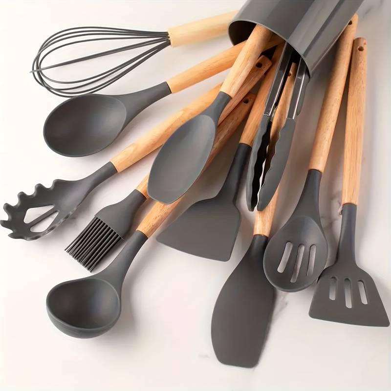 12-Piece Silicone Cooking Utensil Set with Wood Handles Heat Resistant Kitchen Tools for Nonstick Cookware Home Chef Spatula Spoon Whisk