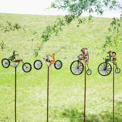 Decoración de jardín caprichosa | Molino de viento con animal en bicicleta y rueda giratoria | Arte en metal único para espacios al aire libre