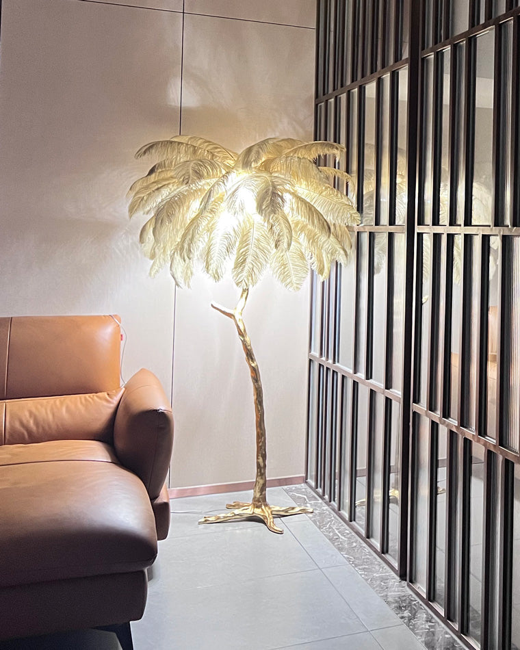 Tropical Feather Standing Lamp 63 in Tall Palm Tree Style Ambient Floor Light for Bedroom Living Room Decorative Accent Lighting