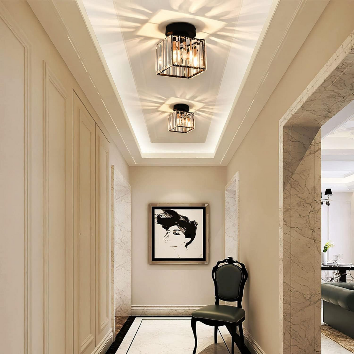 Flush Mount Crystal Light Fixture E27 Socket Black Gold for Bedroom Living Room Hallway Indoor Home Décor Compact Reflective Shade Elegant A