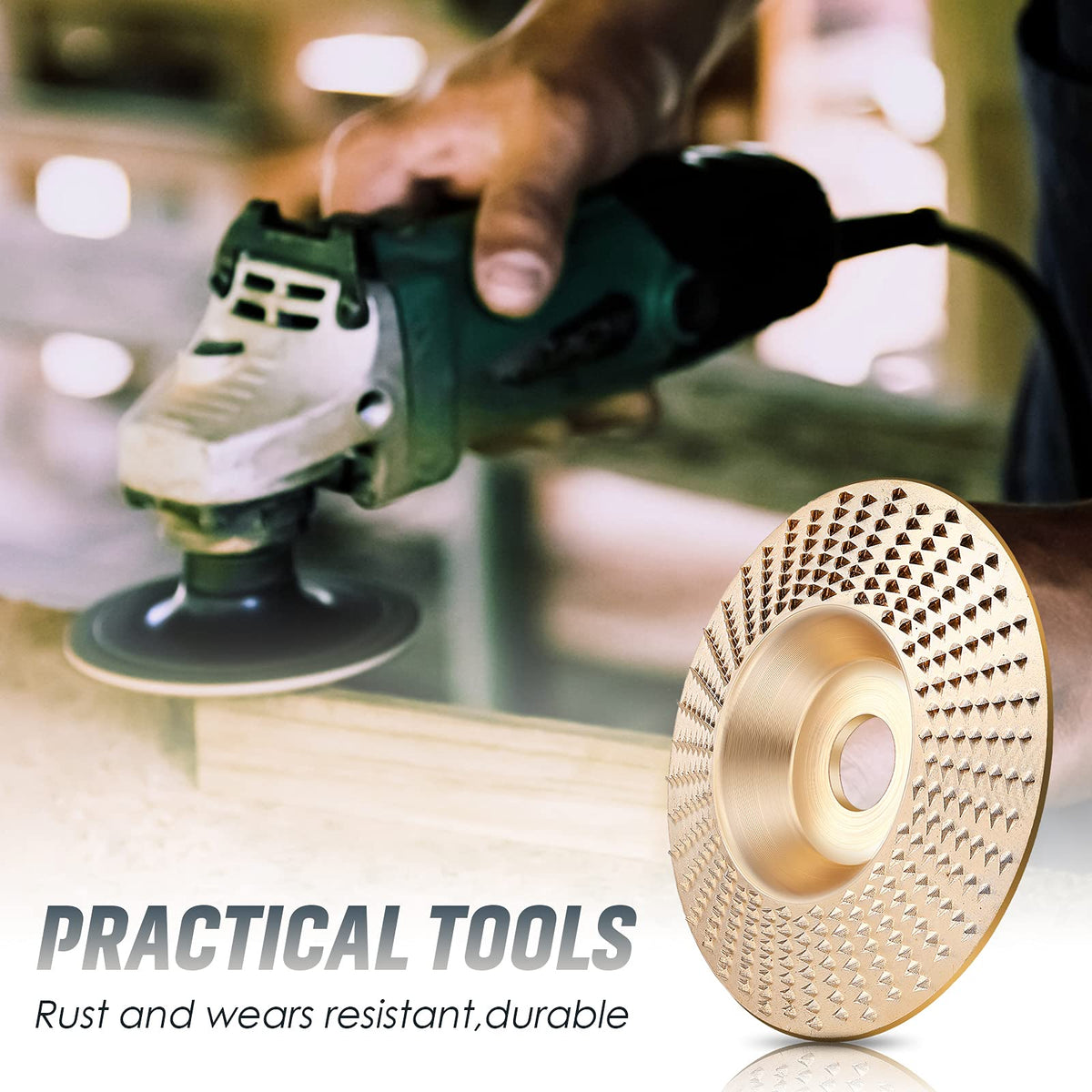 Carbide Abrasive Disc Set for Angle Grinders Gold 3-Piece Wood Shaping Kit Flat Bevel Arc 4 Inch for Woodworking Carving Sanding