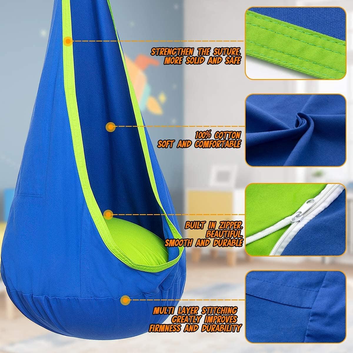 Hanging Pod Chair for Kids and Adults – Cozy Fabric Swing Seat for Indoor and Outdoor Relaxation, Reading Nook
