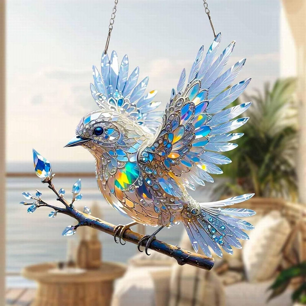 Adorno de cristal para ventana con forma de pájaro: decoración de luz reflectante para el hogar
