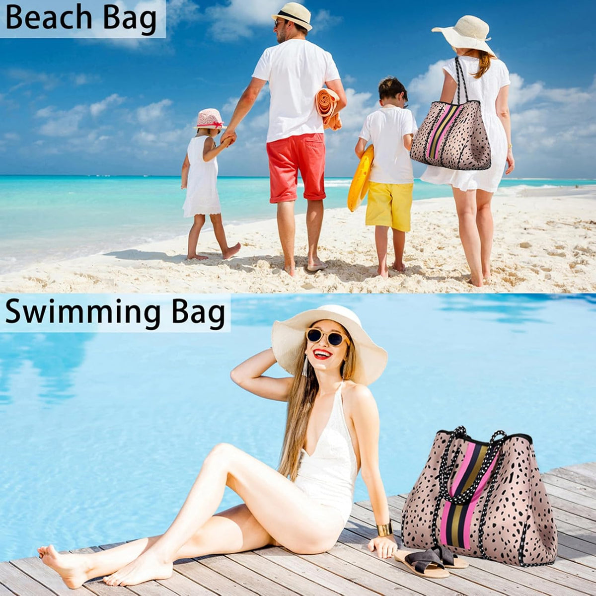 Neoprene Beach Bag with Inner Zipper Pocket, Large Beach Tote Bag with Purse, Machine Washable Travel Tote Bag