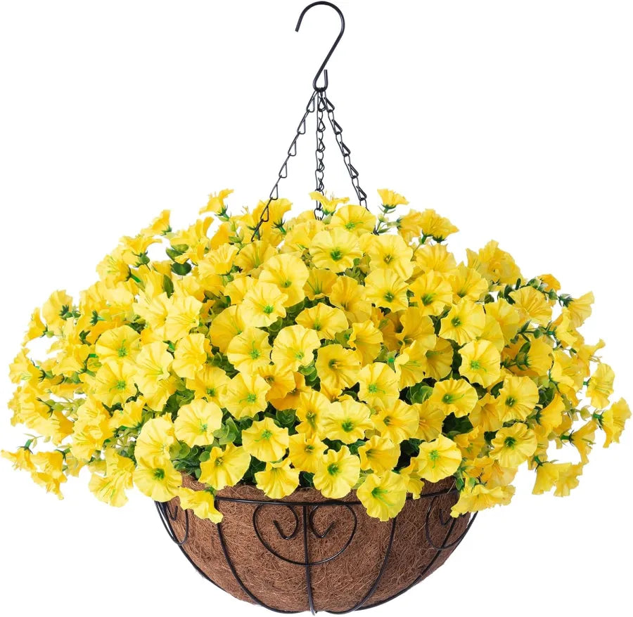 Hanging Basket Flowers Artificial Silk for Outdoor Indoor Decor | Weather-Resistant Faux Blooms in 7 Colors, Year-Round
