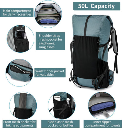 Equipo de aventura | Mochila de senderismo de 50L con armazón interno y diseño ligero | Bolsa de viaje duradera para montañismo y acampada