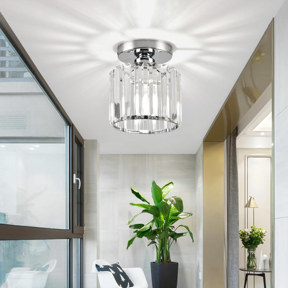 Decorative Flush Mount Light Fixture with Glass Cube and Metal Accents E27 Socket for Entryway Bedroom Small Room Ambient Overhead Lighting