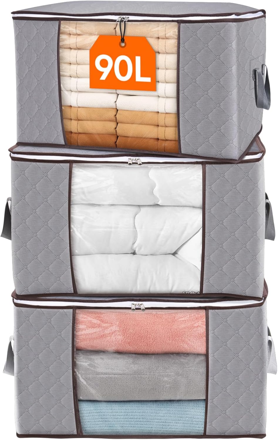 Fabric Closet Organizer Bin 24 Gallon Gray with Clear Window Collapsible Under Bed Storage Container for Comforters Seasonal Clothes Linens