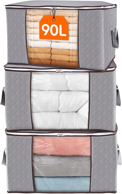 Fabric Closet Organizer Bin 24 Gallon Gray with Clear Window Collapsible Under Bed Storage Container for Comforters Seasonal Clothes Linens