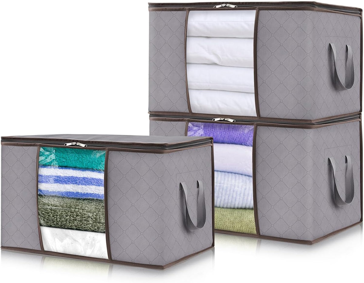 Fabric Closet Organizer Bin 24 Gallon Gray with Clear Window Collapsible Under Bed Storage Container for Comforters Seasonal Clothes Linens