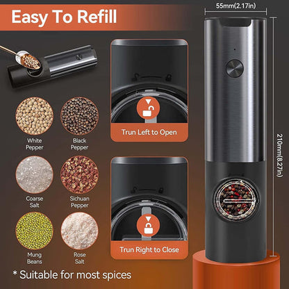 Cocina Elegante | Juego de molinillos eléctricos recargables de sal y pimienta con molienda ajustable | Operación con una sola mano para un sazonado sin esfuerzo
