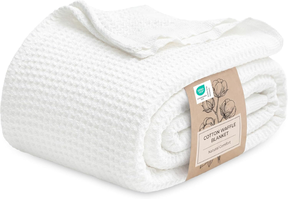 Pure Cotton Thermal Blanket – Queen 90×90 in – Textured Weave Layer for All Seasons – Lightweight & Breathable Throw for Bed or Sofa