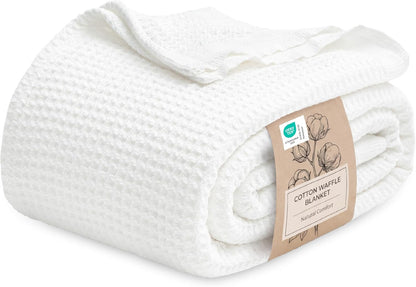 Pure Cotton Thermal Blanket – Queen 90×90 in – Textured Weave Layer for All Seasons – Lightweight & Breathable Throw for Bed or Sofa