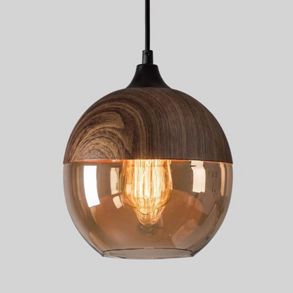 Glass Pendant Light with Wood-Look Metal – Scandinavian Hanging Fixture for Dining Room, Bedroom & Living Room