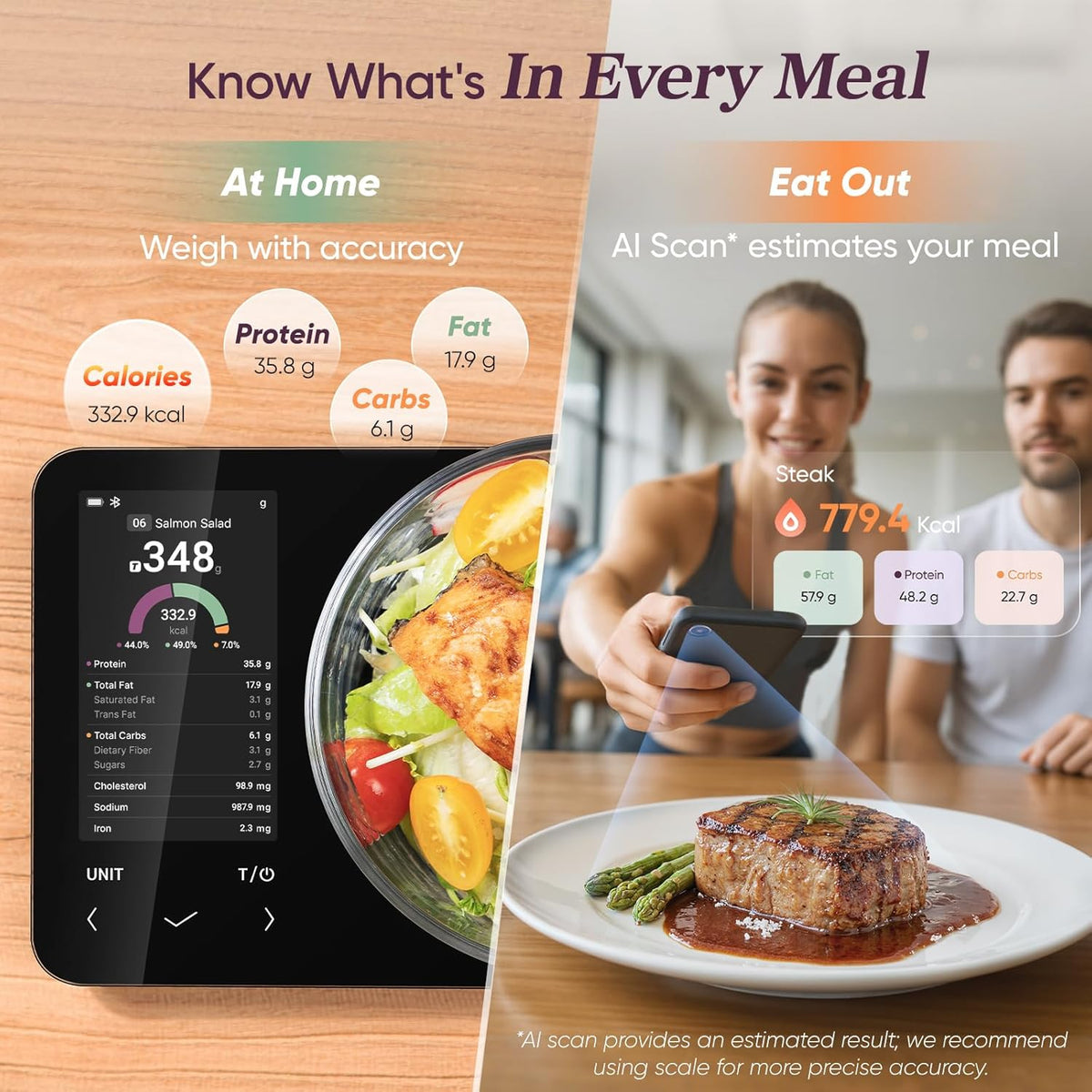 Báscula de cocina inteligente | Báscula digital de alimentos con calculadora nutricional | Medición de peso precisa para la preparación de comidas saludables