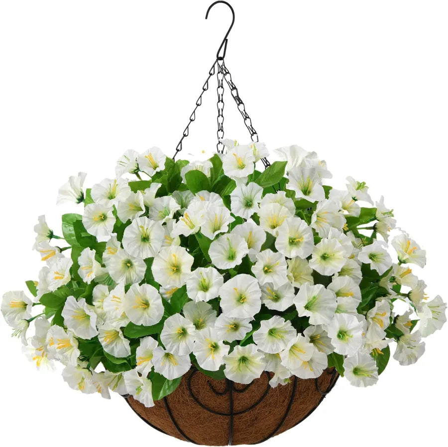 Hanging Basket Flowers Artificial Silk for Outdoor Indoor Decor | Weather-Resistant Faux Blooms in 7 Colors, Year-Round