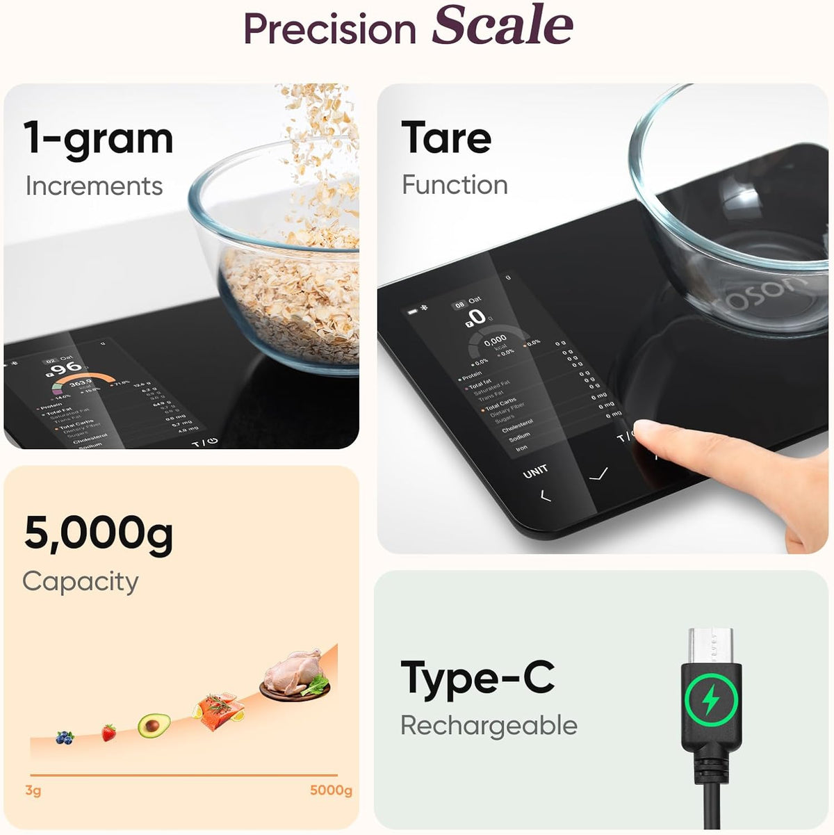 Báscula de cocina inteligente | Báscula digital de alimentos con calculadora nutricional | Medición de peso precisa para la preparación de comidas saludables