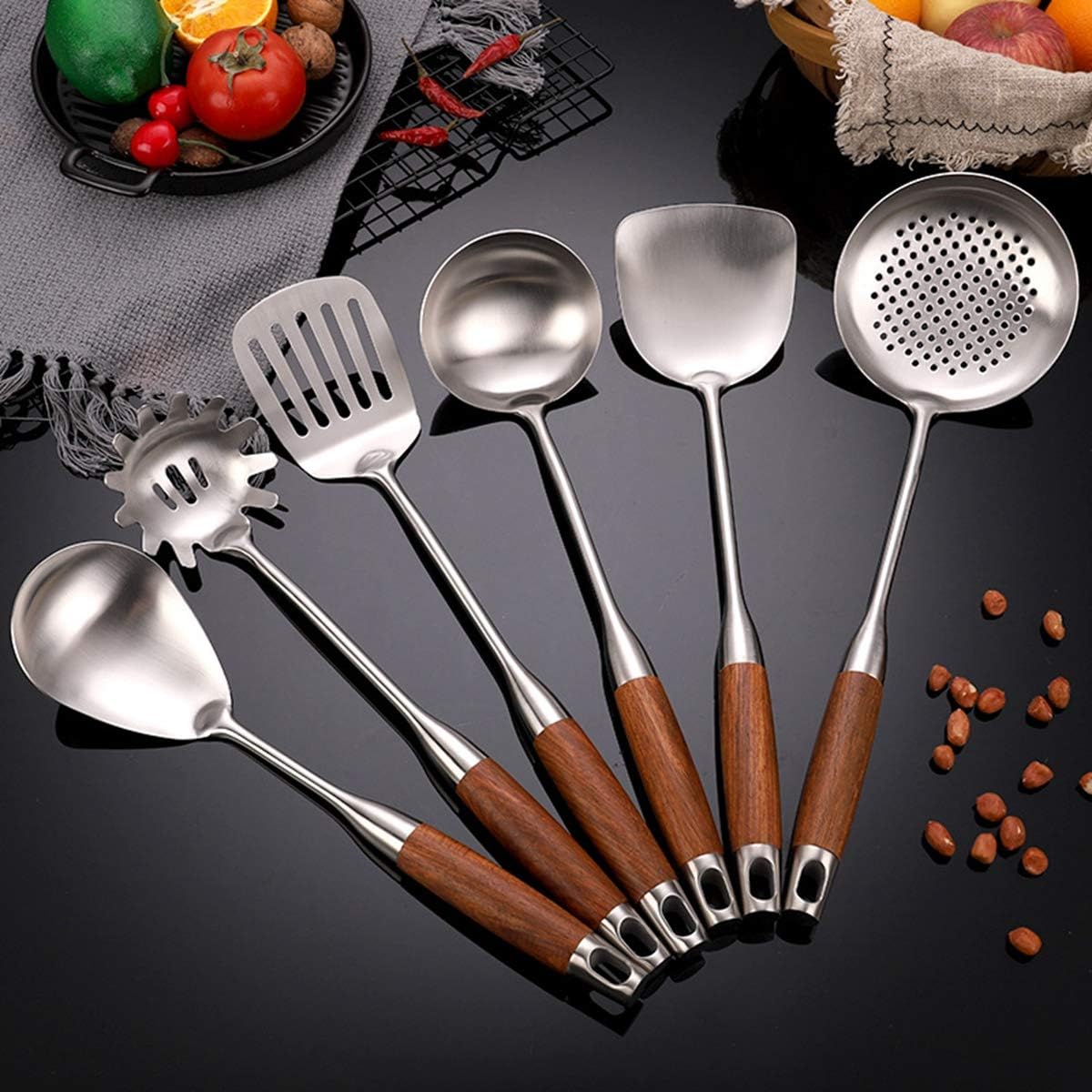Juego de utensilios de cocina, set de utensilios de acero inoxidable con mangos ergonómicos, herramientas de cocina y pinzas para cocinar