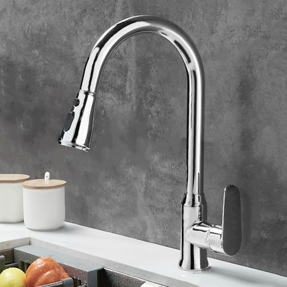 Single-Handle Pull-Down Kitchen Faucet with 360° Swivel Spout – Chrome, Brushed Nickel, Black & Gray Finish Options for Modern Sink