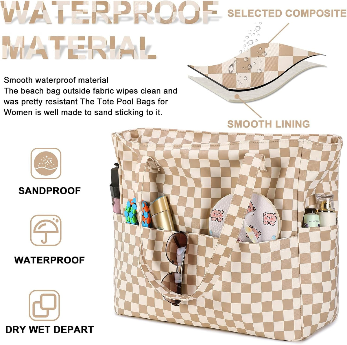 Bolso de playa extragrande con compartimento impermeable, bolso de playa resistente al agua para piscina y natación, bolso tipo tote para viajes