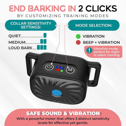 Humane Bark Control Collar for Small Dogs | 4 Vibration Levels & Sound Mode | IP87 Waterproof | Adjustable 6-20 in Neck | Safe Puppy