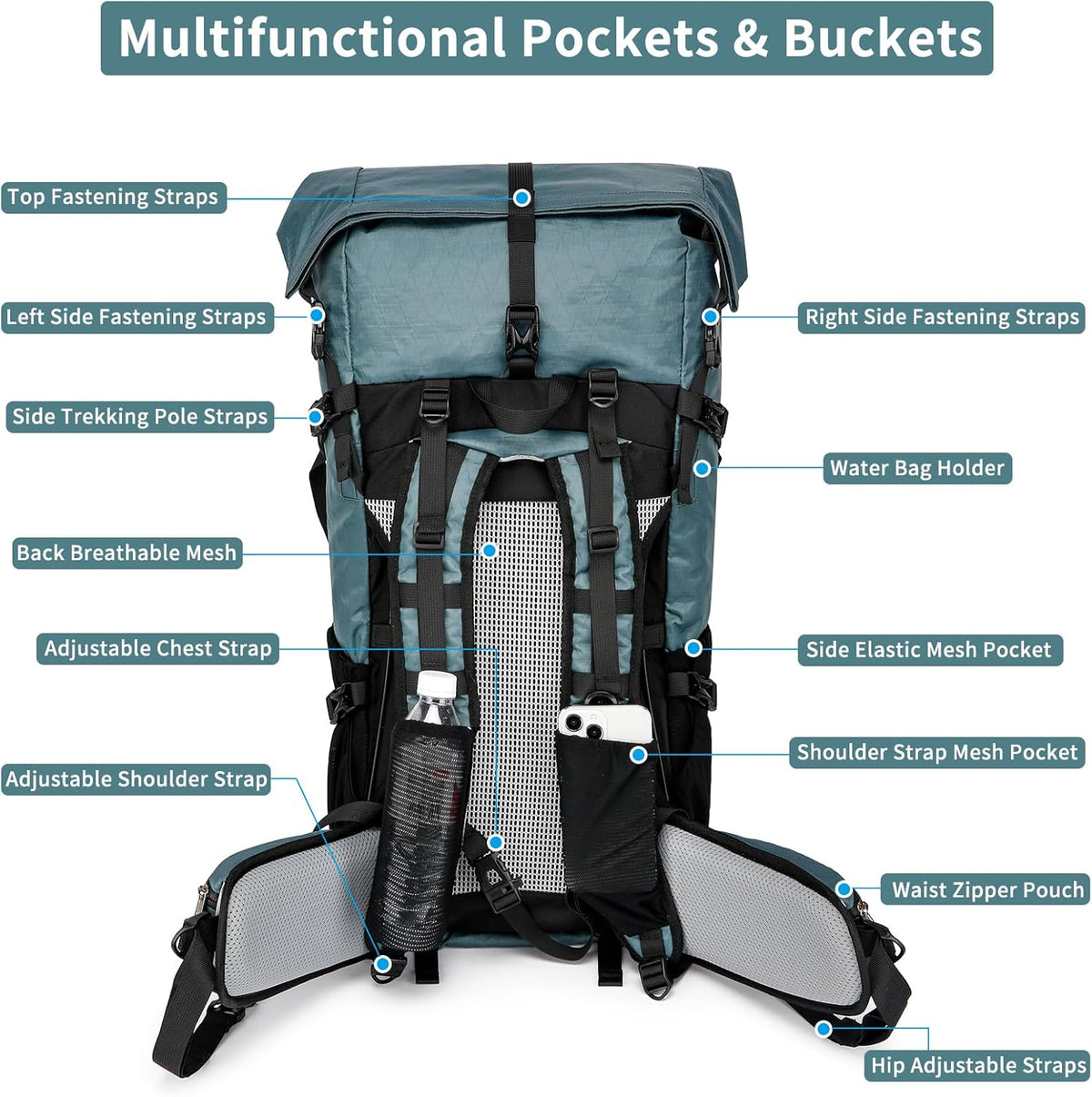 Equipo de aventura | Mochila de senderismo de 50L con armazón interno y diseño ligero | Bolsa de viaje duradera para montañismo y acampada