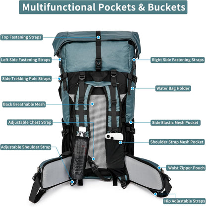 Equipo de aventura | Mochila de senderismo de 50L con armazón interno y diseño ligero | Bolsa de viaje duradera para montañismo y acampada