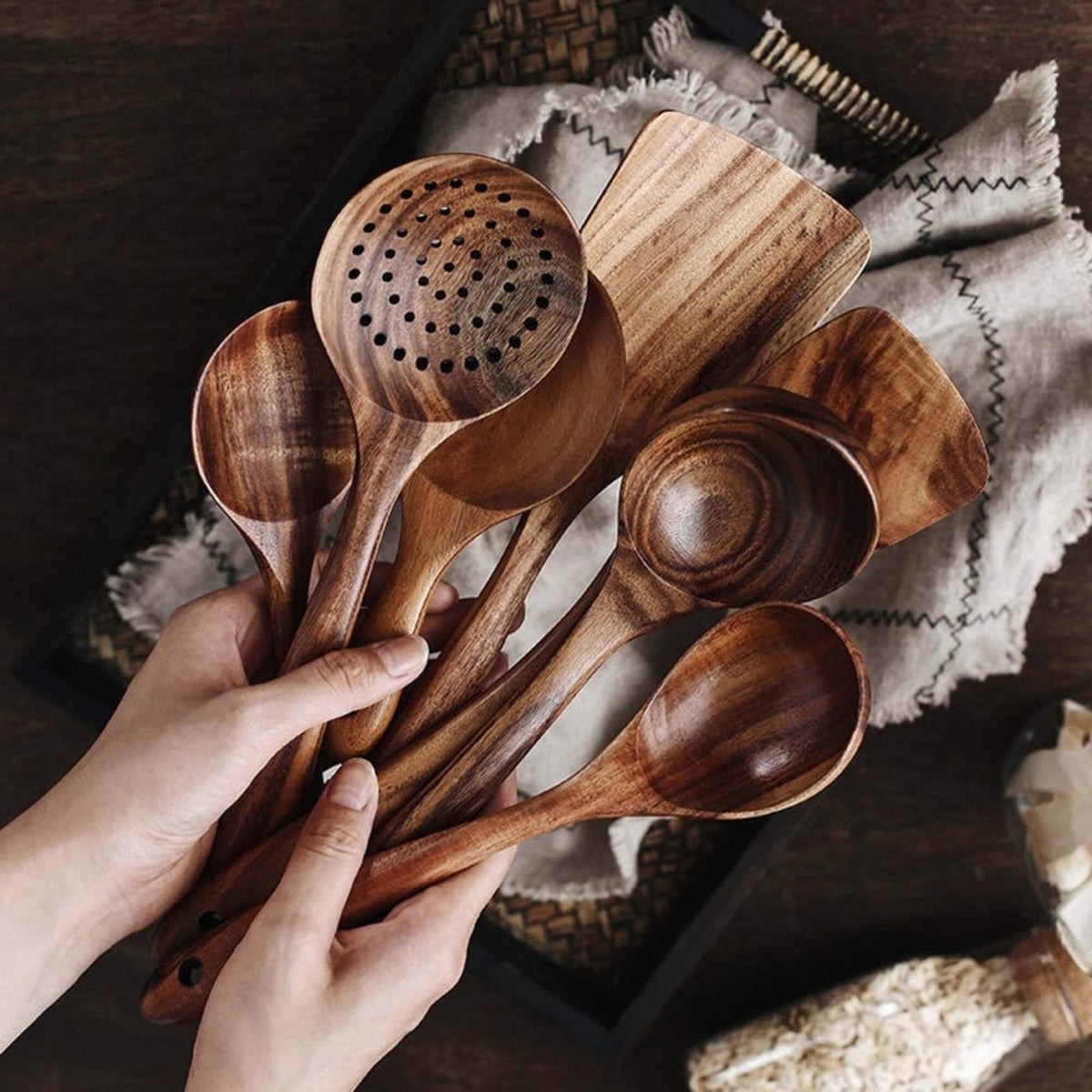 Handcrafted Solid Wood Cooking Spoon & Spatula Set – 7-Piece Non-Scratch Kitchen Tool Collection for Stovetop & Serving