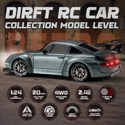 Mini Remote Control Drift Racer 4-Wheel Drive LED Glow Wheels 1:24 Scale Indoor Outdoor Track Racing Performance Car 2.4GHz Controller Recha