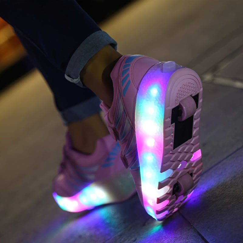 Kids Light-Up Wheeled Shoes with Removable Rollers LED Sneakers Hook-and-Loop Strap Pink Faux Leather for Boys Girls Active Play