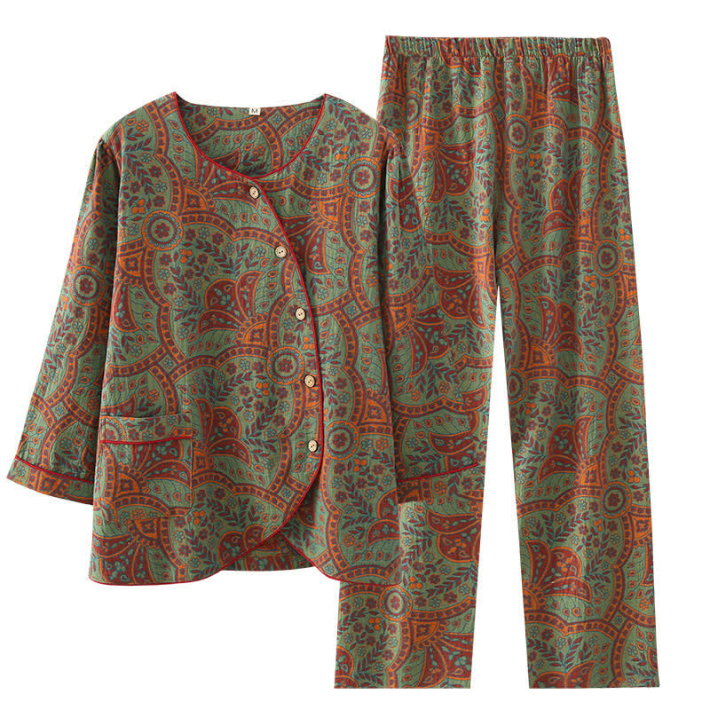 Women's Cotton Pajama Set Round Neck Vintage Jacquard Long Sleeve Loungewear Sleepwear with Side Buttons for Spring Summer Fall