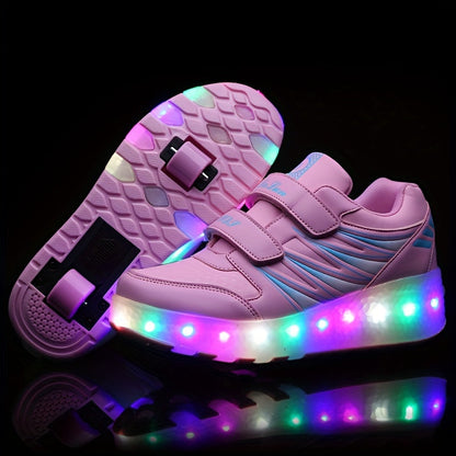 Kids Light-Up Wheeled Shoes with Removable Rollers LED Sneakers Hook-and-Loop Strap Pink Faux Leather for Boys Girls Active Play