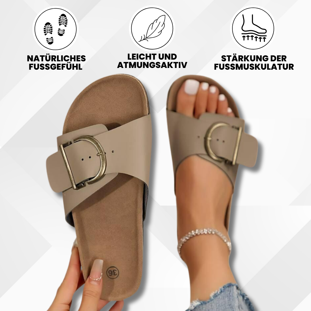 Women's Buckle Cork Footbed Sandals Orthopedic Toe Loop Slip-On Slides for Bunion Relief & Arch Support Casual Summer Shoes
