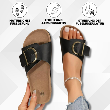 Women's Buckle Cork Footbed Sandals Orthopedic Toe Loop Slip-On Slides for Bunion Relief & Arch Support Casual Summer Shoes