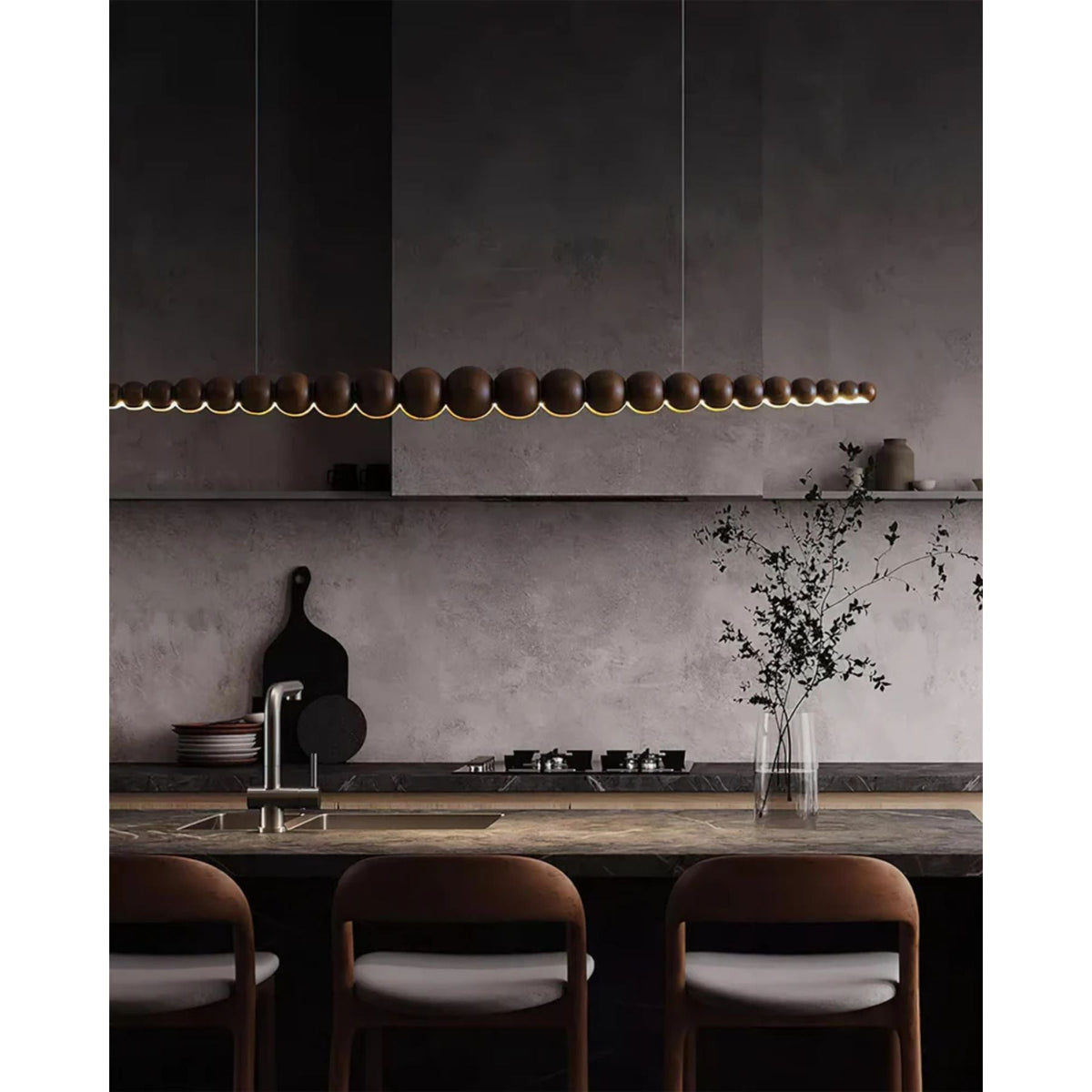 Linear LED Ceiling Fixture Wood & Metal 3000K Over Island Kitchen Dining Room Adjustable Height Suspended Bar Light Modern Minimalist Scandi