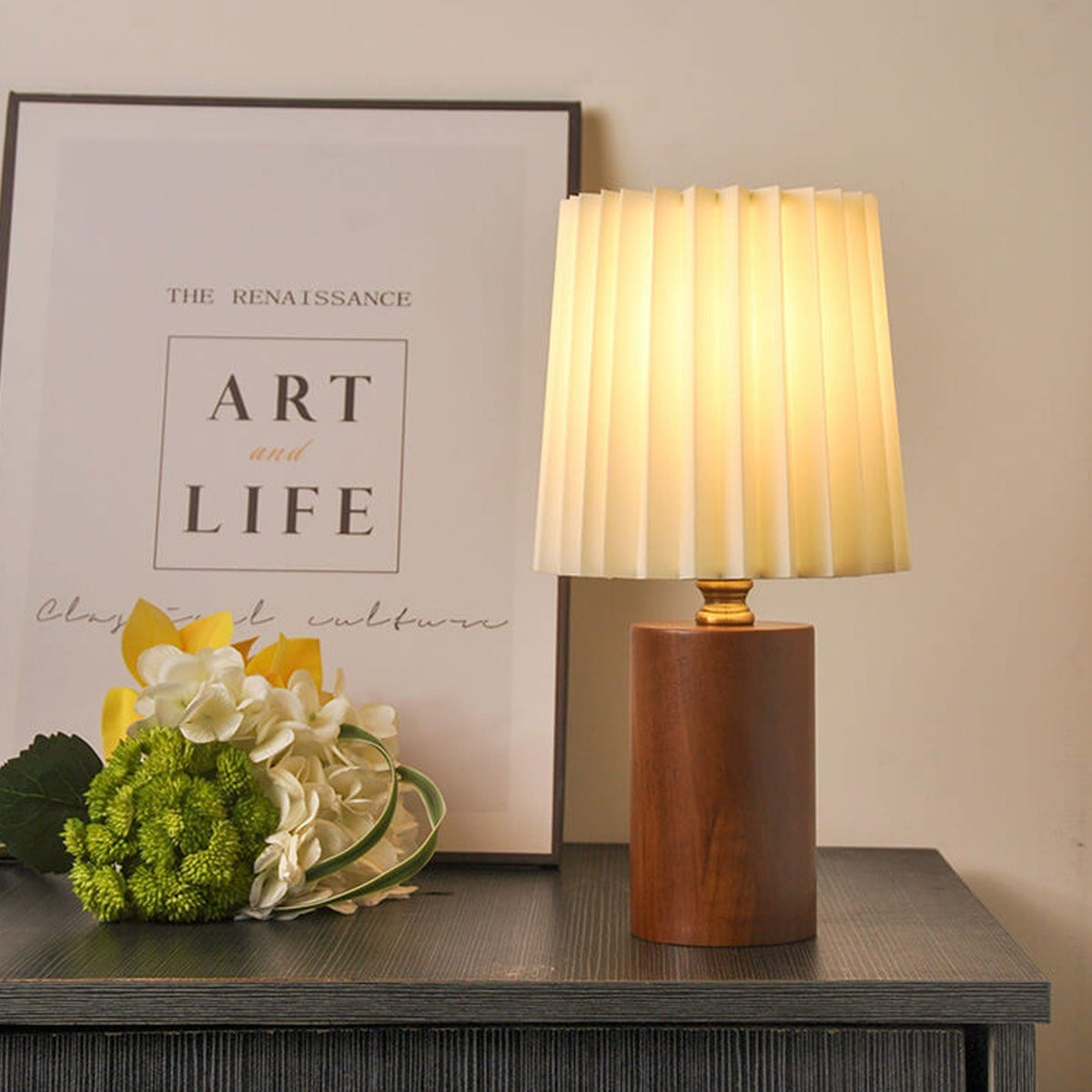 Wooden Desk Lamp with Fabric Shade 12 Inch Accent Light for Nightstand Office Den Dimmable LED Small Reading Light Modern Home Décor