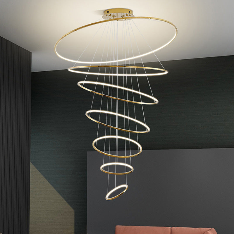 Multi-Tier Cascading LED Ring Fixture for Grand Entryways and Tall Staircases – Height-Adjustable Modern Statement Lighting with Remote Dimm