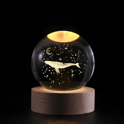 3D Engraved Crystal Planet Sphere Night Light on Wood Base USB Powered Desk Lamp Warm White LED Glow for Bedroom Living Room Nursery Space