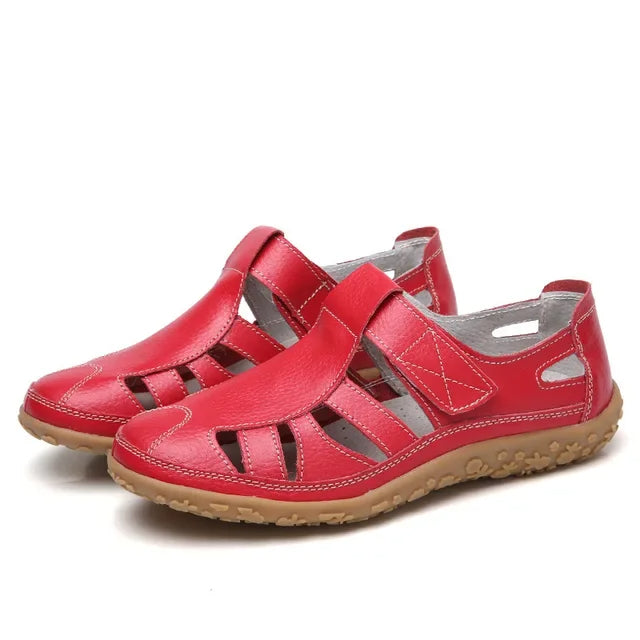 Women's Leather Sandals with Hook-and-Loop Straps & Cushioned Footbed | Summer Walking Shoes with Adjustable Fit