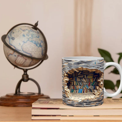 Ceramic Mug with 3D Bookshelf Wrap Design for Coffee Tea Hot Drinks Book Lovers Library Kitchen Microwave Dishwasher Safe Literary Gift