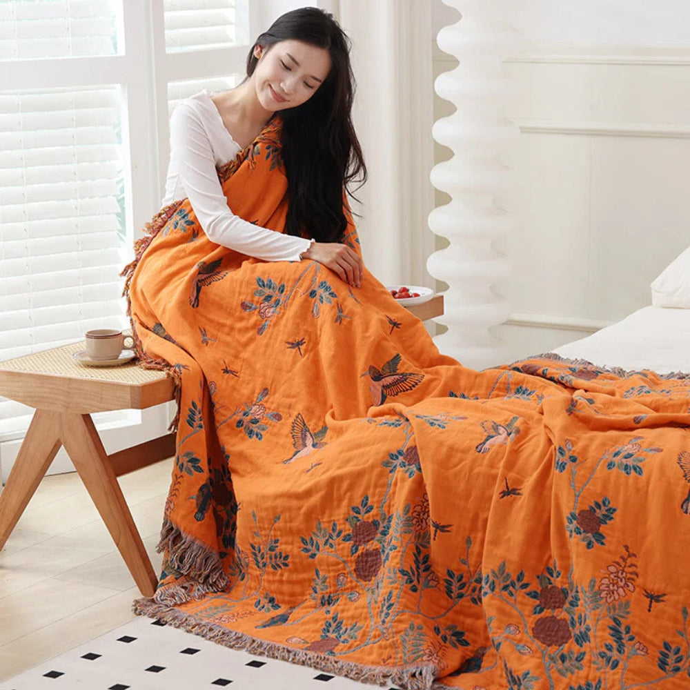 Layered Cotton Gauze Throw Blanket with Tassels – Jacquard Textured Woven Coverlet for Bed Couch Sofa Living Room Bedroom Decor