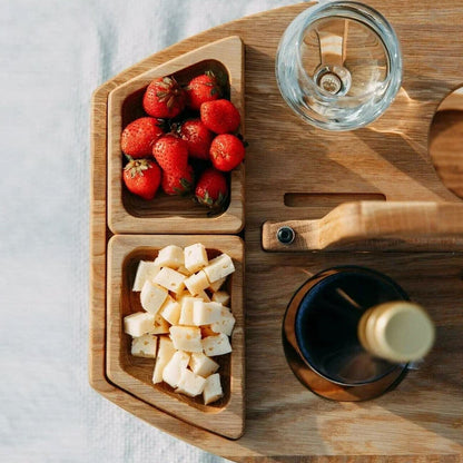 Outdoor Wine & Cheese Picnic Table Set – Folding Oak Wood Wine Holder with Glass & Snack Tray for Beach, Garden, Camping & Patio