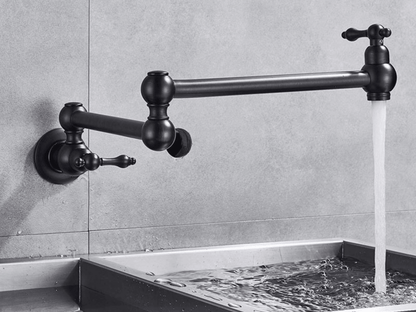 Wall-Mount Dual-Handle Kitchen Faucet for Pots – Brass Construction with Hot & Cold Lines – Chrome, Brushed Nickel, Black & Antique Brass Fi