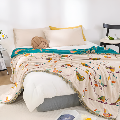 Woven Cotton Throw Blanket with Fringe Tassels & Avian Motif – Breathable, Lightweight Bed or Couch Cover for Boho Living Room, Guest