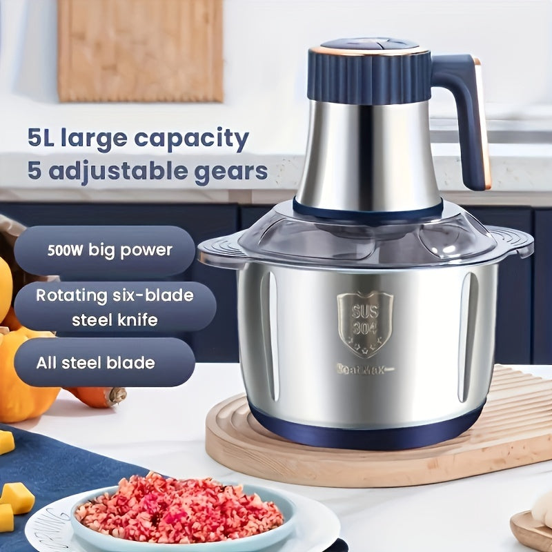 Electric Multi-Function Chopper 5 Liter Stainless Steel Bowl 6-Blade System for Meat Vegetables Herbs Onions Garlic Home Kitchen Appliance 5