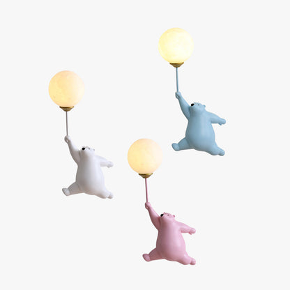 Bear with Balloon Wall Sconce Light for Kids Room Nursery Bedroom Playroom Resin Animal Design Accent Lighting White Blue Pink