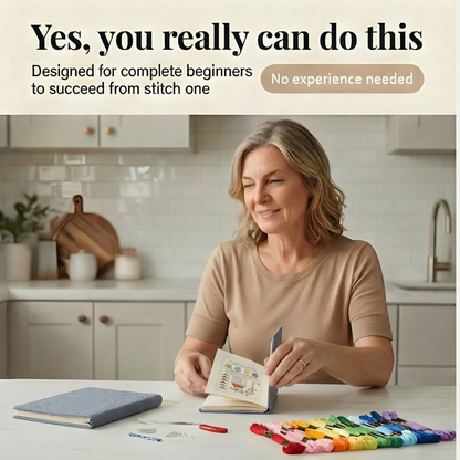 Removable-Page Needlework Learning Kit with 106 Techniques on Linen Sheets & 86-Piece Tool Set for Beginners