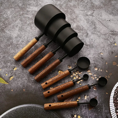8-Piece Stainless Steel Measuring Cups and Spoons Set with Solid Oak Handles – Durable Kitchen Tools for Precision Cooking