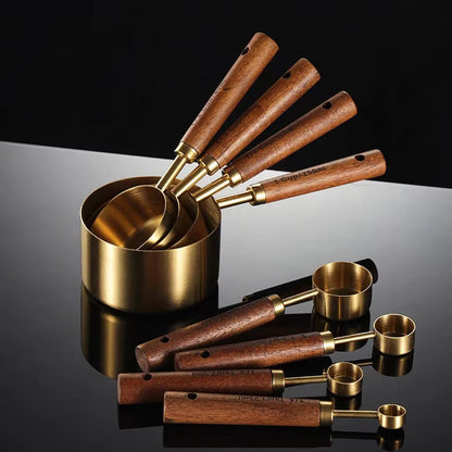 8-Piece Stainless Steel Measuring Cups and Spoons Set with Solid Oak Handles – Durable Kitchen Tools for Precision Cooking