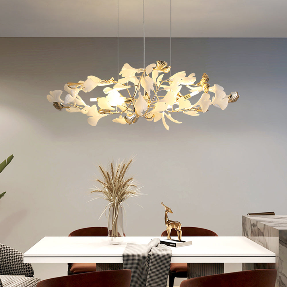 Ceramic Leaf Cluster Pendant Light with Adjustable Cord – Gold Metal Frame Multi-Bulb Chandelier for Dining Room, Living Room & Bedroom